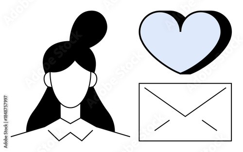 Communication, relationships, empathy, love, messaging, social connection. Minimalist design a woman, a blue heart and an envelope. Communication and relationships