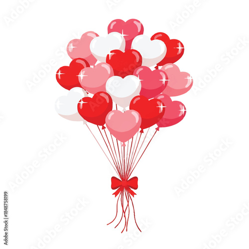 A cluster of red, pink, and white heart-shaped balloons tied with a red bow against a clean white background.