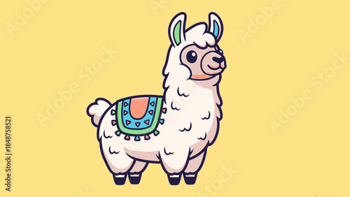 Cute Cartoon Llama with Glasses and Colorful Saddle Standing on Yellow Background