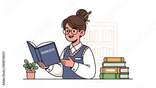 Focused Young Woman Reading a Book in a Cozy Library or Study Room