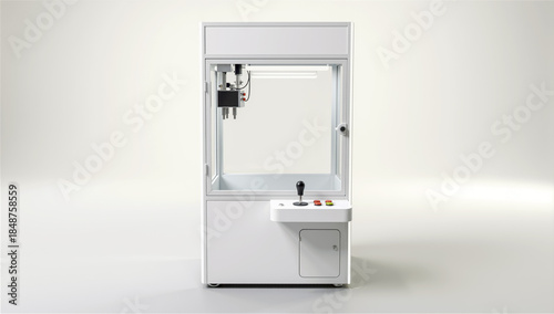 白い背景に置かれた空のクレーンゲーム機の3Dレンダリング
