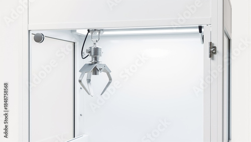 白い背景に配置されたクレーンゲームのアームと空の内部スペースのモックアップ