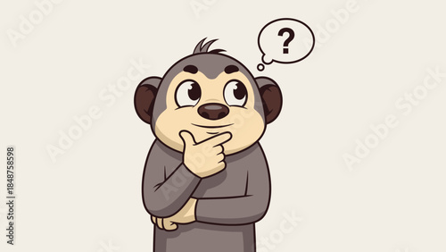 Curious Monkey Character Thinking with a Question Mark Above Its Head in a Bright Studio