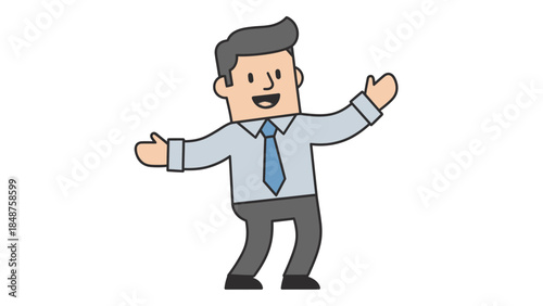Confident Businessman Character Waving Hand and Smiling, Presenting on Isolated White Background