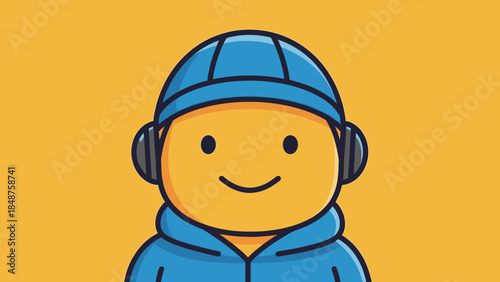 Happy Cartoon Person Wearing Headphones and Smiling on a Bright Orange Background
