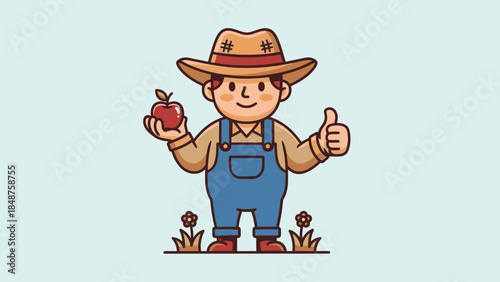 Happy Cartoon Farmer Holding Red Apple and Giving Thumbs Up, Standing in Field with Flowers on Light Blue Background