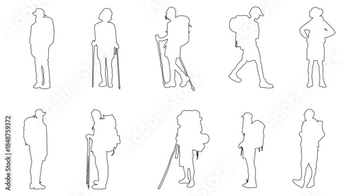 Set of 10 realistic hiker silhouettes with backpacks and trekking poles in natural walking and resting poses. Perfect for architectural visualization, outdoor concepts, travel design maps.
