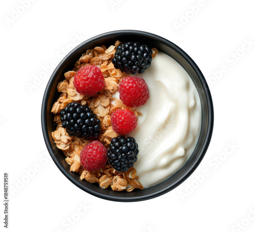 Fresh berries and granola on greek yogurt in black bowl for healthy breakfast on transparent background