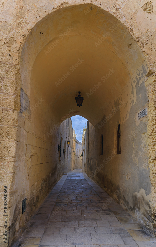 Fototapeta premium Typical townscape of Mdina, Malta: view of the Street Santa Sofia.