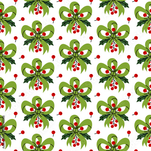 Seamless pattern with green three-loop bows, decorated with holly leaves and red rowan berries in a symmetrical pattern. Flat-style print, perfect for holiday wrapping paper, fabric, or digital