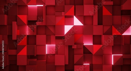 Abstract red geometric blocks with illuminated facets creating a dimensional pattern