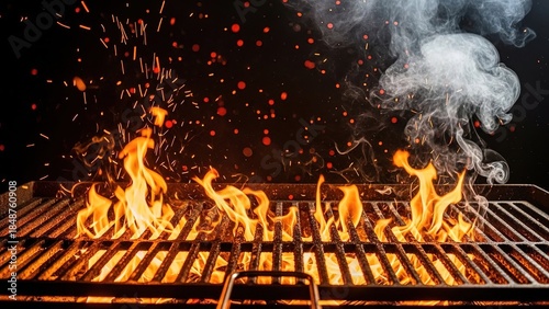 Intense Barbecue Grill Flames, Smoke & Sparks on Dark Background: Perfect for Outdoor Cooking, Summer Grilling, BBQ Parties, Food Photography & Culinary Themes