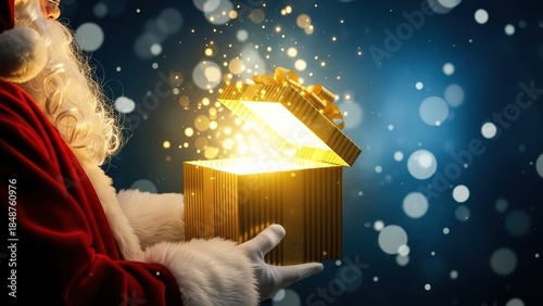 Magical Christmas Gift: Santa Claus Hands Open Glowing Golden Box with Enchanting Light & Sparkle Particles, Festive Bokeh Background - Wonder, Holiday Spirit, Xmas Present