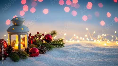 Magical Christmas lantern with glowing candle, festive red ornaments, natural pine cones & twinkling fairy lights on soft snow, bokeh background - warm holiday season joy