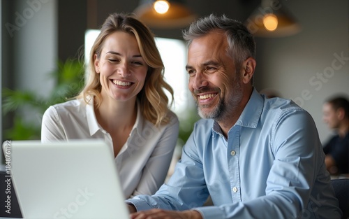 Two middle age business workers smiling happy and confident. Working together with smile on face using laptop at the office. High quality