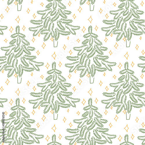 Seamless pattern with flat outlines of green Christmas trees made of branches and yellow flashing stars. Minimalistic holiday design for festive wrapping paper, seasonal textile prints, winter digital