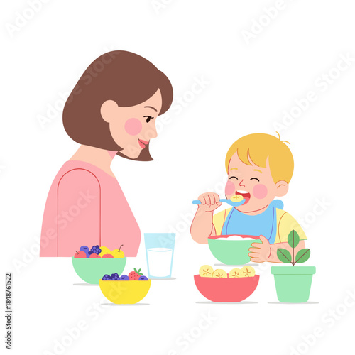 Mother and child enjoying healthy breakfast together at home  
