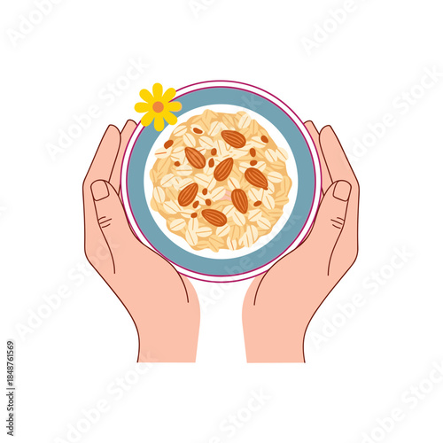 Hands holding a breakfast bowl with oats and almonds decorated with flower  