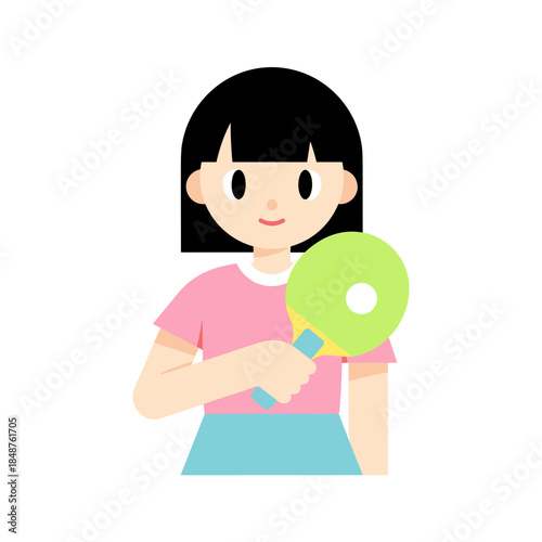 Asian girl holding table tennis paddle and smiling in casual attire  