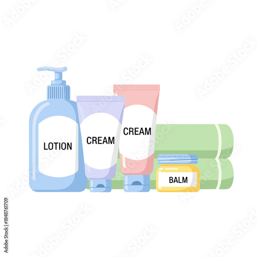 Baby skincare products with lotion, cream, and balm on towels  