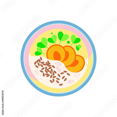 Almond milk and flaxseed breakfast bowl with fruit and greens  