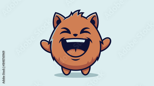 Joyful Fuzzy Brown Monster Character Laughing Happily with Arms Raised in a Bright Studio with a Light Blue Background