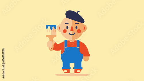 Cheerful Little Boy Painter Holding Paintbrush in Bright Studio