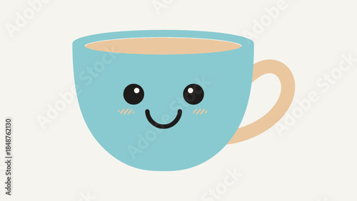 Cute Cartoon Blue Coffee Cup Character with Happy Face in Bright Studio