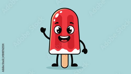 Happy Cartoon Red Popsicle Character Waving and Smiling Cheerfully in Bright Studio