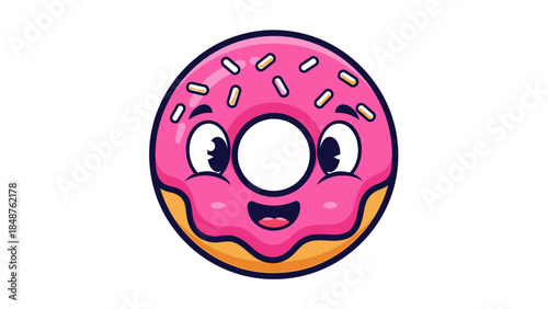 Happy Cartoon Pink Donut Character with Sprinkles Smiling, Isolated White Background
