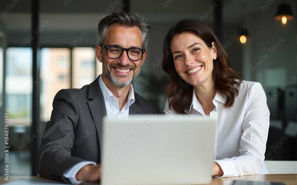 Fototapeta premium Two middle age business workers smiling happy and confident. Working together with smile on face using laptop at the office. High quality