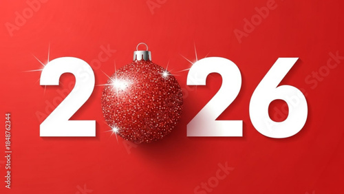 Happy New Year 2026 festive red background with sparkling Christmas ornament celebration concept