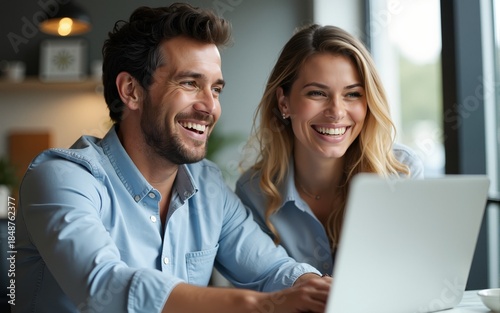 Two middle age business workers smiling happy and confident. Working together with smile on face using laptop at the office. High quality