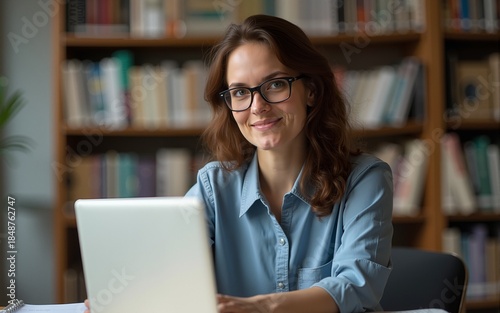 Female professor sits in the university library with a laptop, preparing for a lecture. High quality
