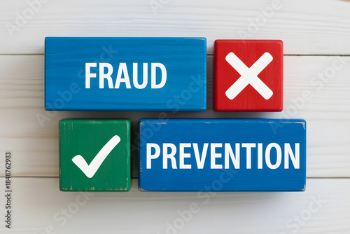 Minimalist flat lay of wooden blocks: 'FRAUD' with 'X' symbol, 'PREVENTION' with checkmark, on a light wood background. Ideal for anti-fraud themes and awareness.