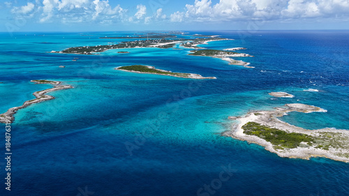 Staniel Cay At Exuma In Black Point Bahamas. Caribbean Skyline. Beach Landscape. Shades Of Blue Watercolor. Staniel Cay In Exuma In Black Point Bahamas. Nature Background.