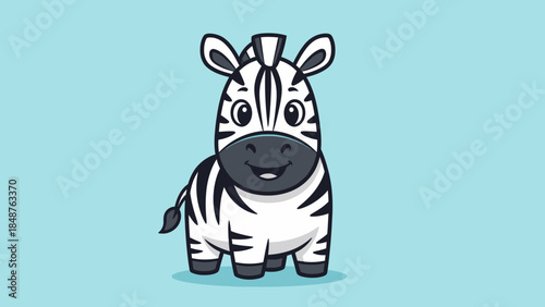 Cute cartoon baby zebra character standing and smiling, on light blue studio background