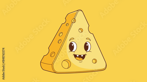 Happy cartoon cheese slice character with open mouth, on yellow studio background