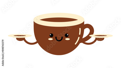 Cute cartoon coffee cup with happy face on a saucer, isolated white background