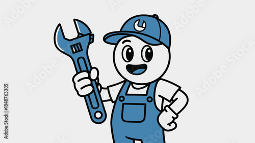 Happy cartoon mechanic character in blue overalls holding an adjustable wrench, smiling confidently, isolated white background.