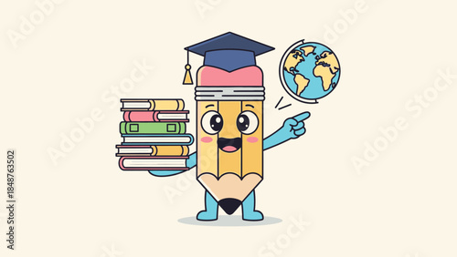 Happy Pencil Cartoon Character Wearing a Graduation Cap, Holding Books and Globe, Pointing with Joy on a Light Yellow Background