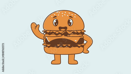 Happy Burger Character Waving and Smiling on a Light Blue Background