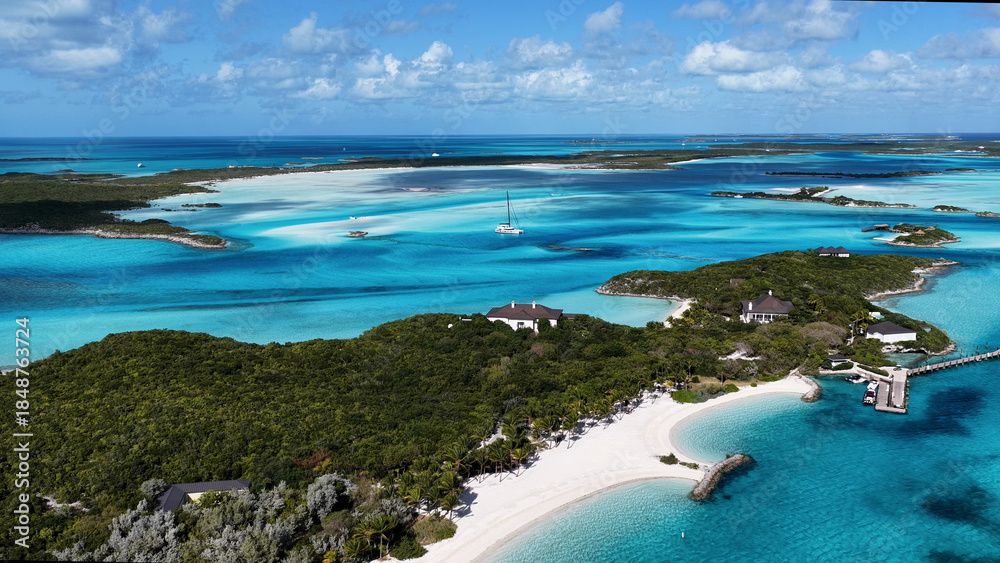 Fototapeta premium Exuma Skyline At Exuma Islands In Black Point Bahamas. Beach Landscape. Bay Harbor Scenery. Shades Of Blue Watercolor. Exuma Skyline In Exuma Islands In Black Point Bahamas. Amazing Caribbean Sea.