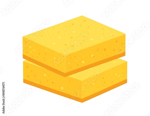 Isometric illustration of two rectangular, porous yellow cleaning sponges