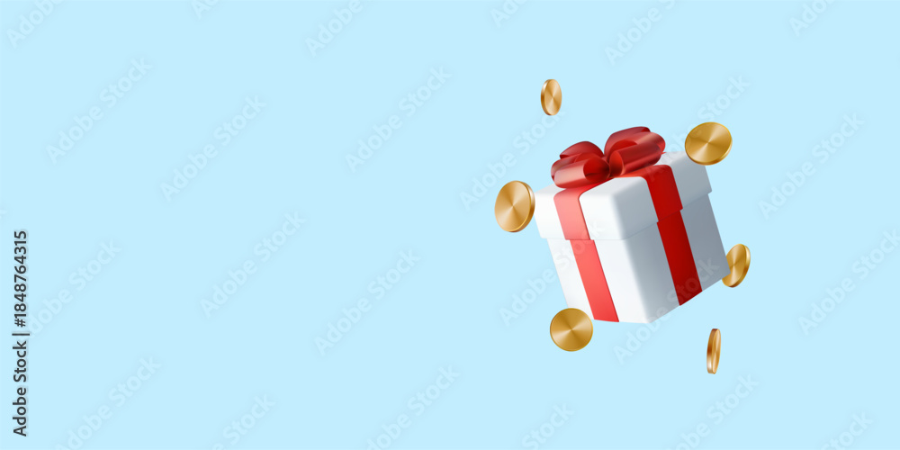 Naklejka premium Gift box full of money, golden 3d coin award floating. Deposit income, finance investment revenue. Rich present concept, cash bonus vector. Invest fund, get profit of bank percent. Win lottery jackpot