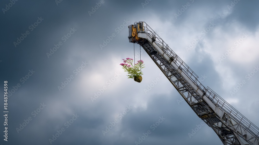 Naklejka premium Crane lifting flower pot against dramatic sky