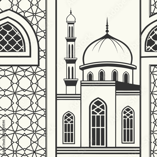 Islamic Architecture Illustration - Mosque with Dome, Minaret and Geometric Pattern Background