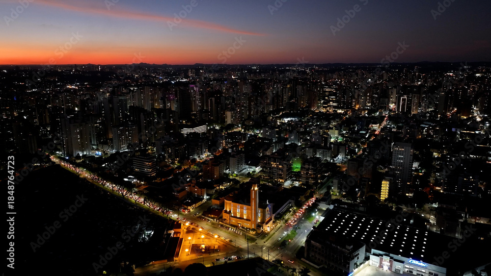 Obraz premium Sunset Catholic Church In Curitiba Parana Brazil. Breathtaking Aerial View Of Famous Church In The City. Building Landscape Skyscrapers Stunning. Industry Urban Corporate. Curitiba Parana.