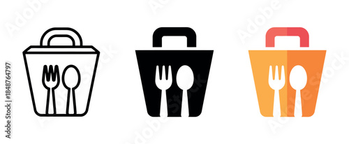Colorful Lunch Box Icon Set with Utensils and Handles for Food Packaging Design