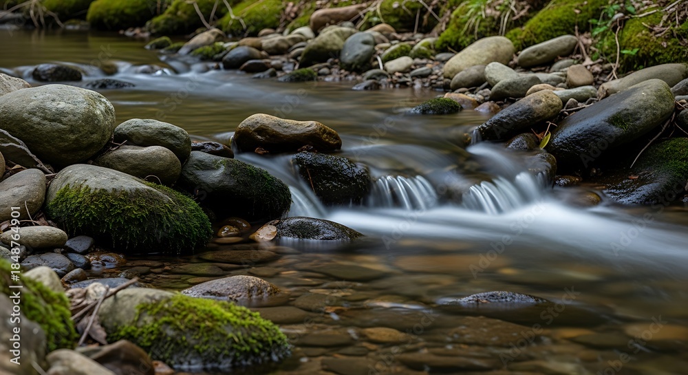 Obraz premium Gentle Stream Flowing Over Smooth River Stones with Peaceful Water Movement in Natural Outdoor Scene and Tranquil Nature Landscape